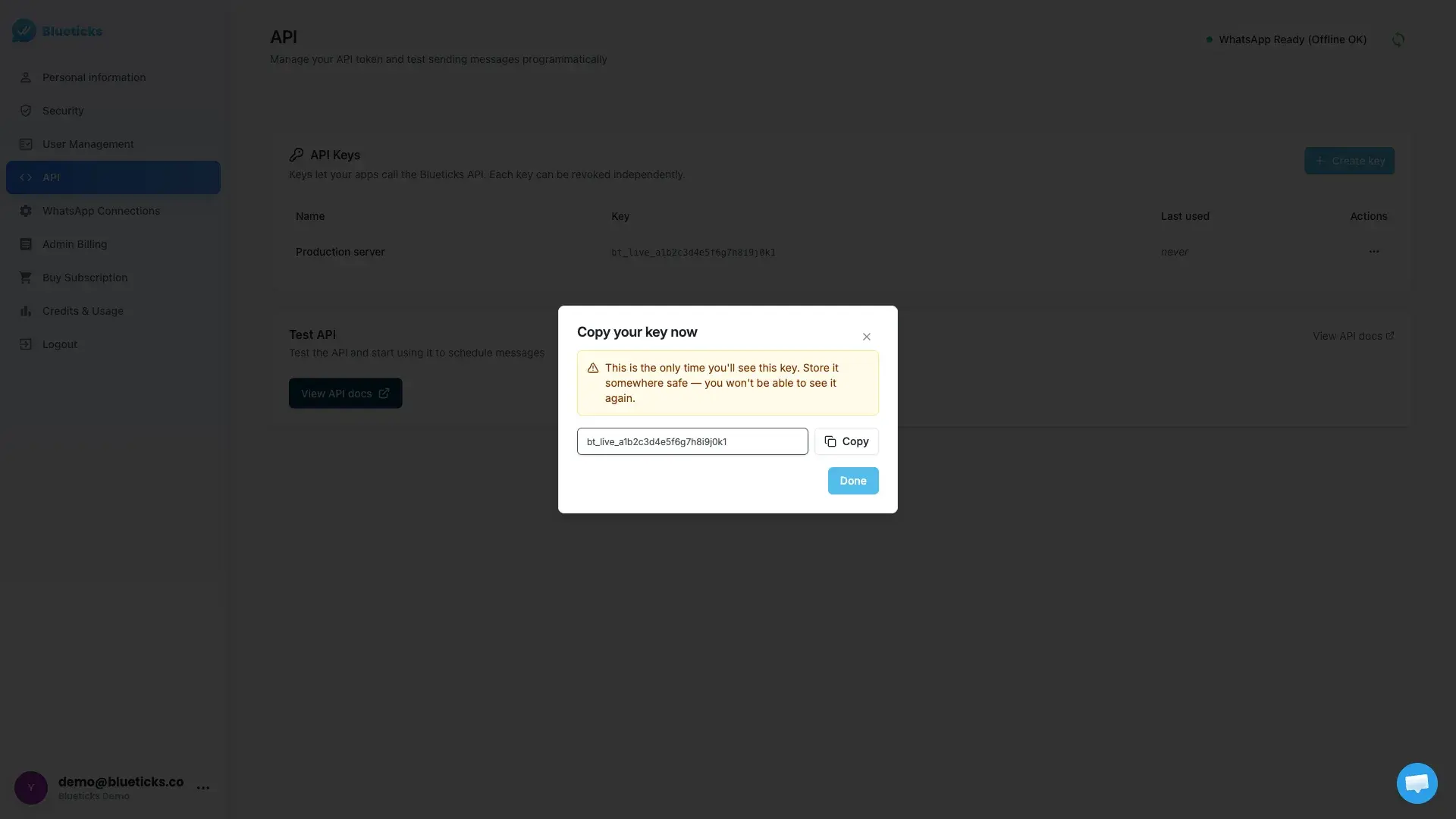 Creating an API key on the Blueticks API page