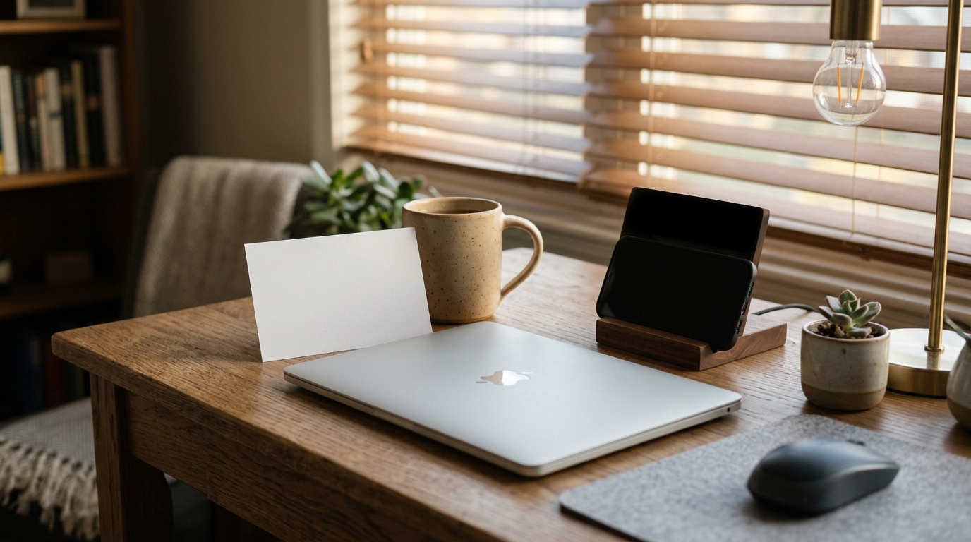 Compact home-office desk set up to manage a WhatsApp inbox with AI from one number