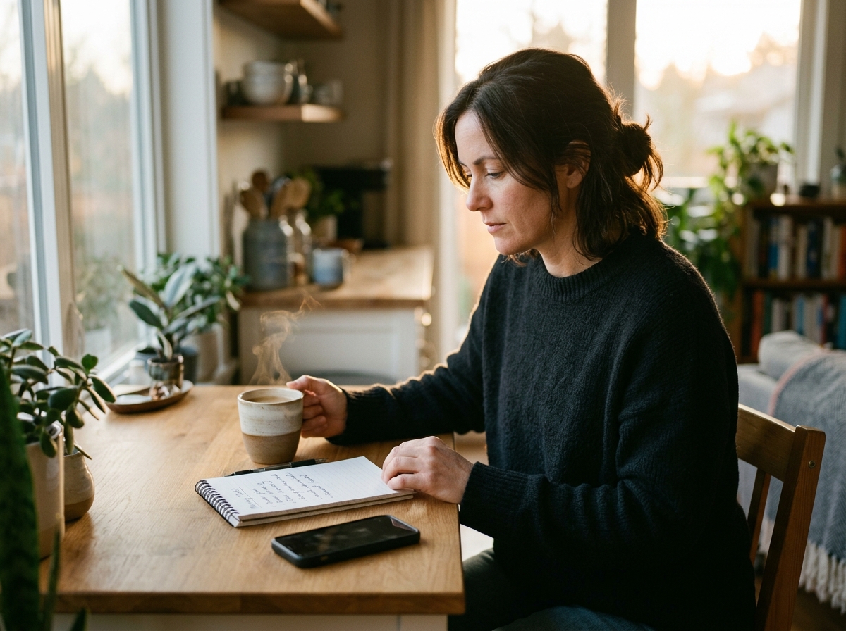 Solo business owner starting the morning before opening the WhatsApp inbox on her phone