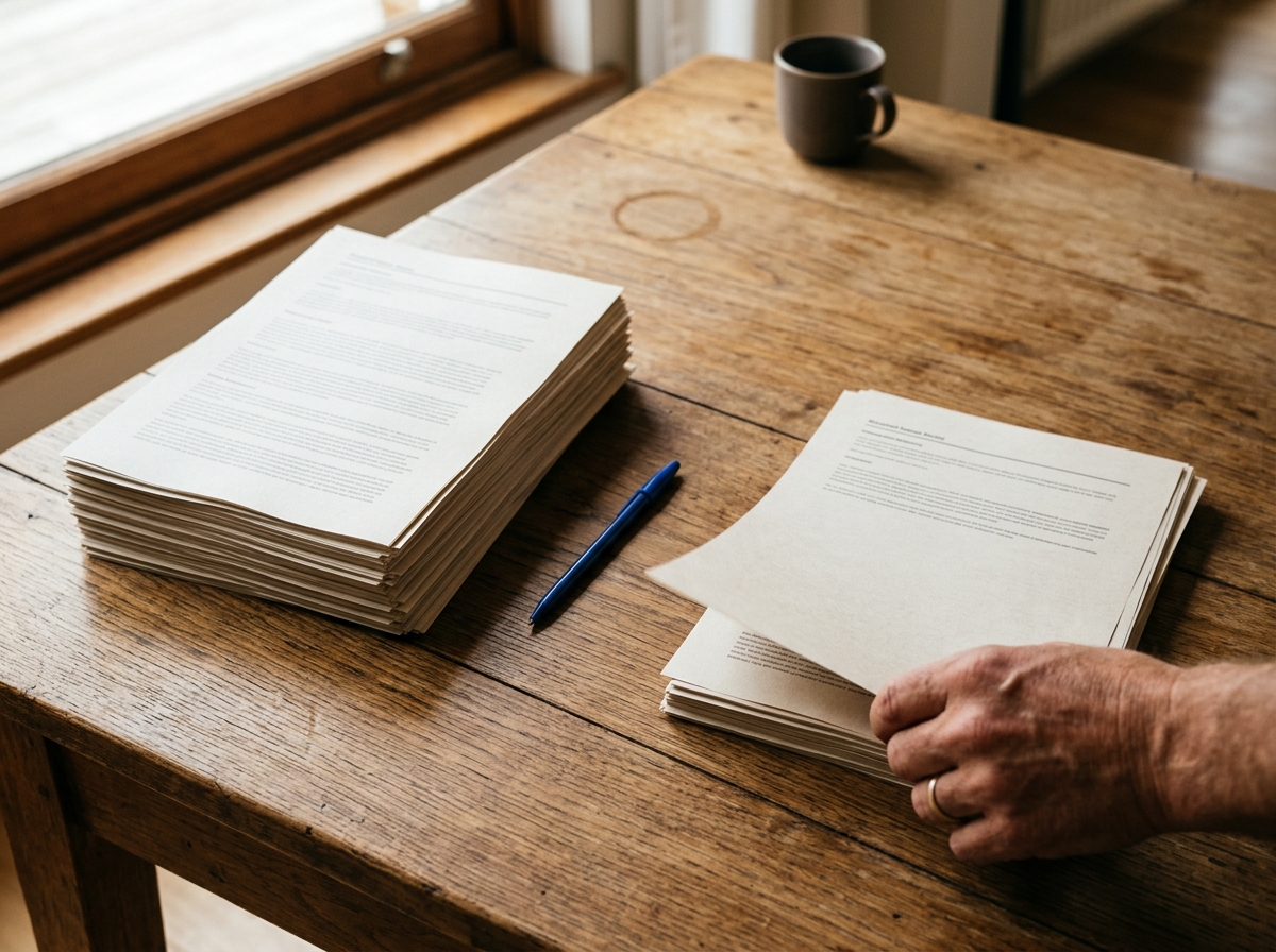 Printed vendor pages sorted into two piles during a WhatsApp inbox management comparison
