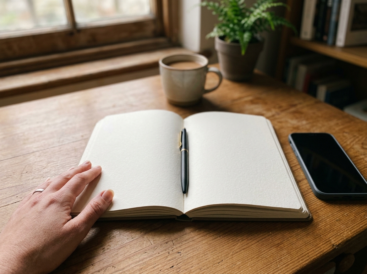 An open blank notebook and a face-down phone on a desk, planning a recurring WhatsApp birthday list