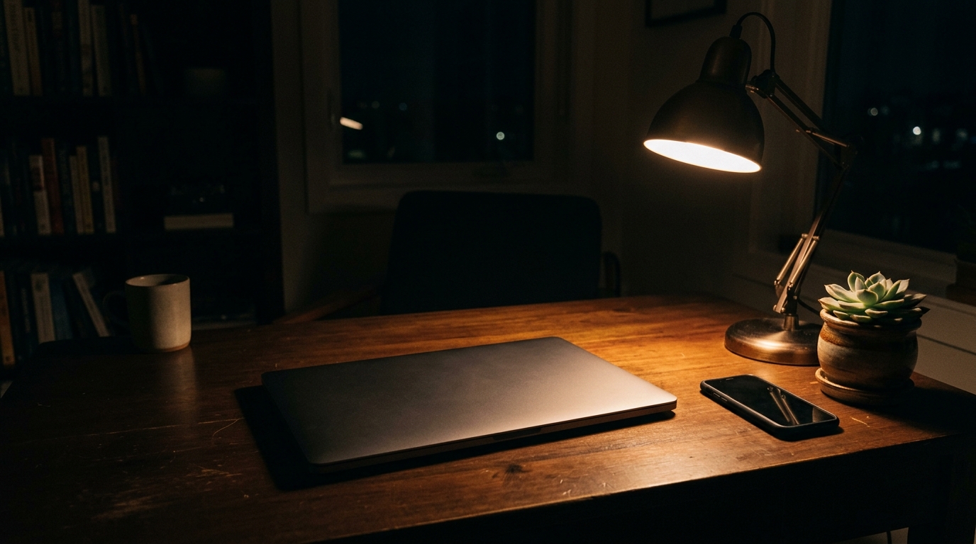 A closed laptop on a quiet desk at night while a scheduled WhatsApp birthday message sends on its own
