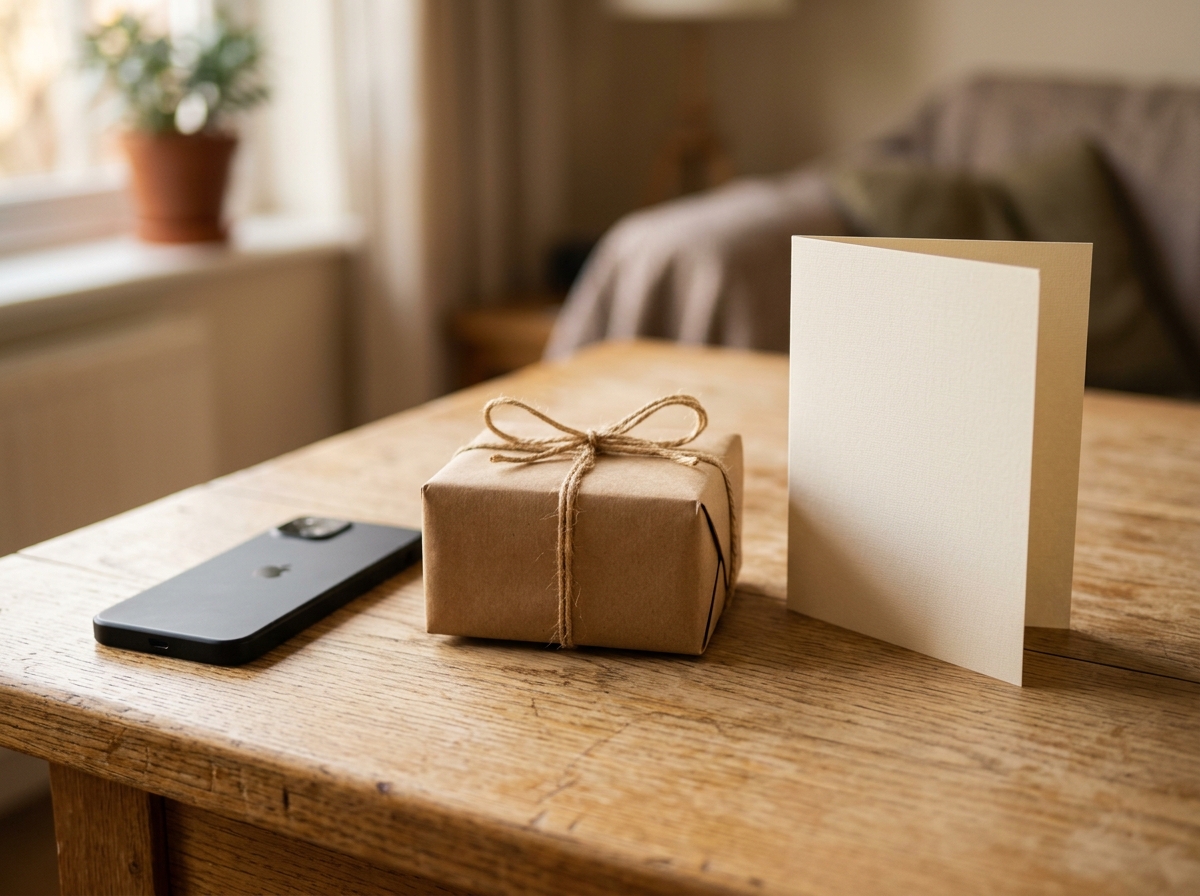 A small wrapped gift and a face-down phone on a table, the personal side of automatic birthday wishes on WhatsApp