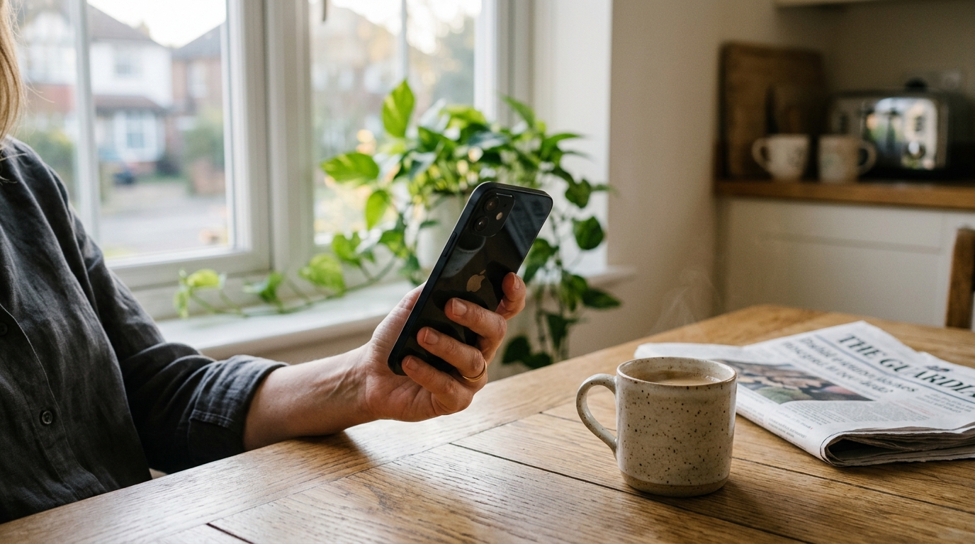 A hand holding a phone with the screen angled away in soft morning light, scheduling WhatsApp messages