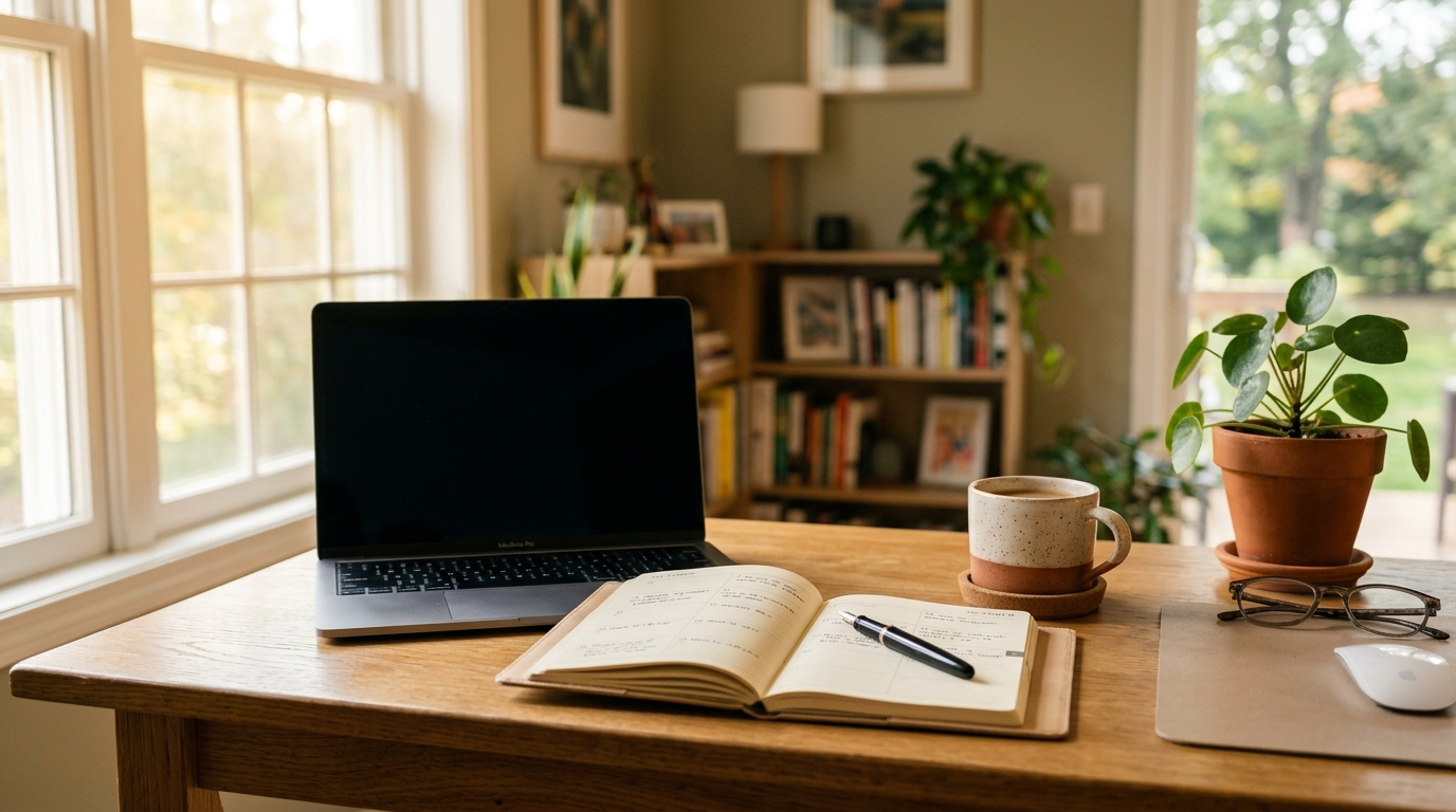 A laptop angled shut beside a paper planner and coffee, a small-business WhatsApp scheduling workspace