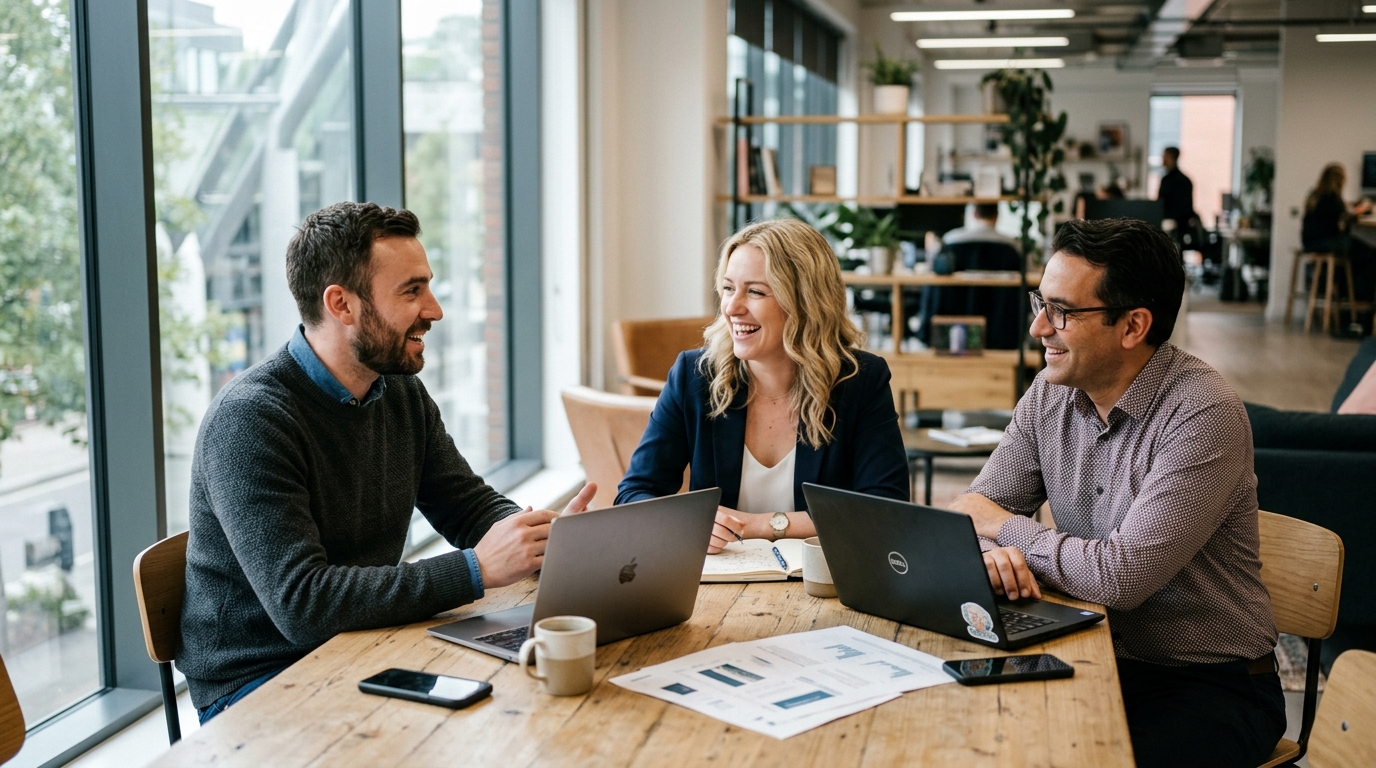 A small team around an office table mid-discussion comparing WhatsApp scheduler options, devices closed
