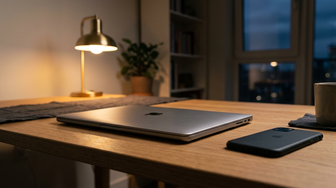 Closed laptop on a desk in evening light representing WhatsApp messages sending unattended