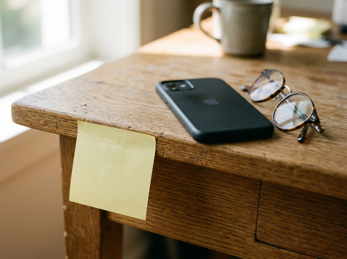 Sticky note reminder on a wooden desk beside a face-down phone, hinting at scheduled WhatsApp messages