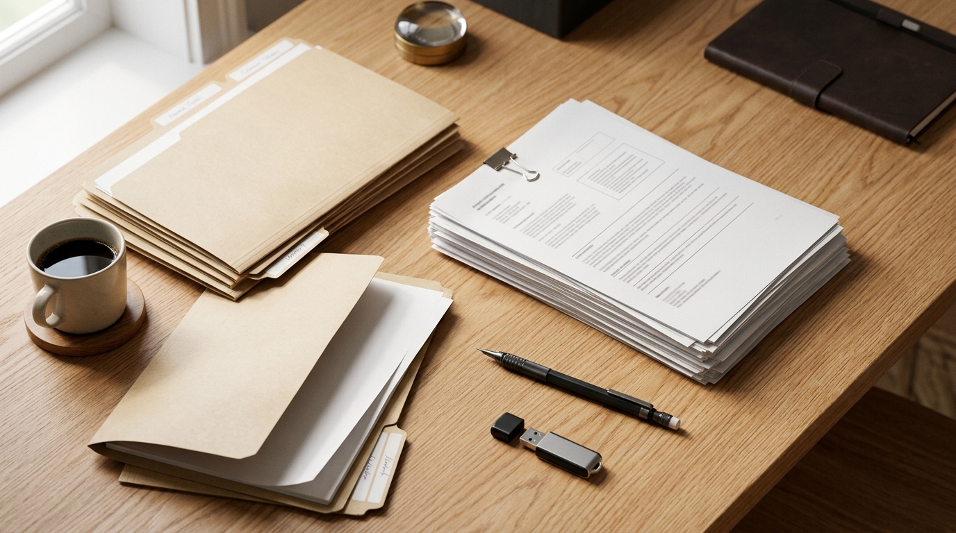 Neatly organized folders and printed documents on a wooden desk ready for digitization