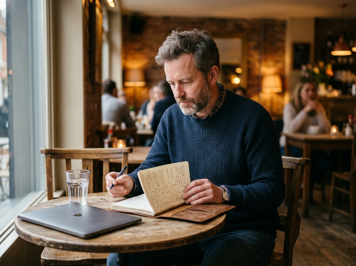 Business person reviewing notes and thinking at a quiet cafe table with a closed laptop