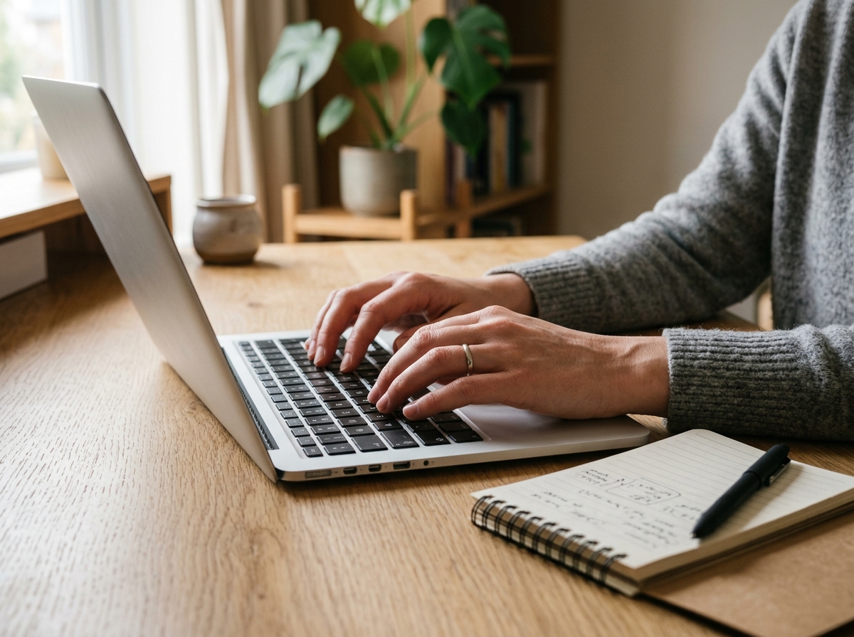 Person typing at a laptop in a home office with a notepad beside them during daytime