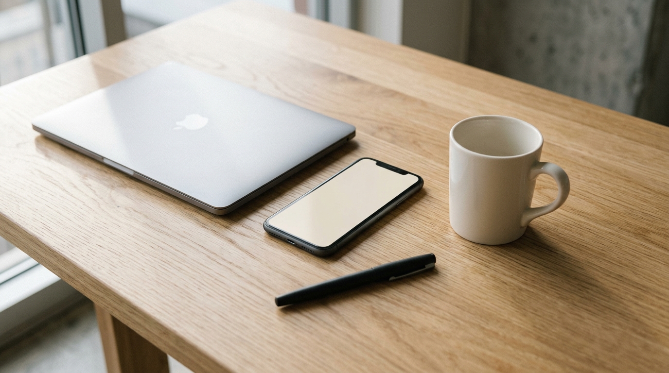 Phone face-up on a wooden desk showing a WhatsApp notification and reply beside a closed laptop, the deploy-finished ping and the human yes