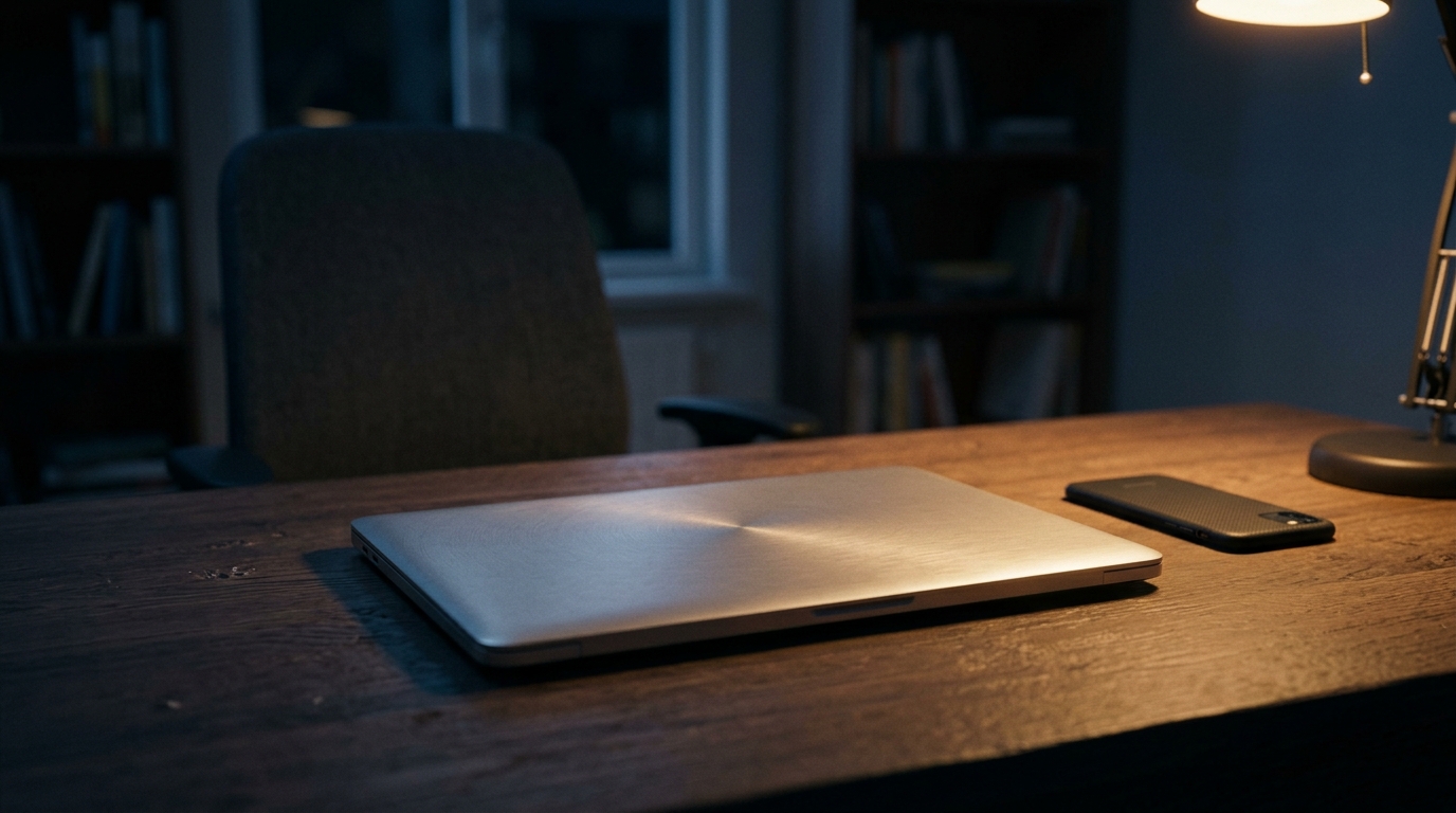 Closed laptop on a dark desk at night, the moment a WhatsApp browser session ends