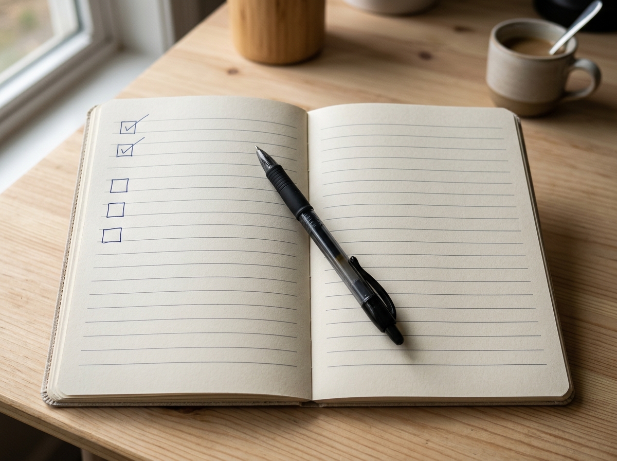 An open notebook with blank ruled pages, a short column of hand-drawn tick boxes and a pen resting across it