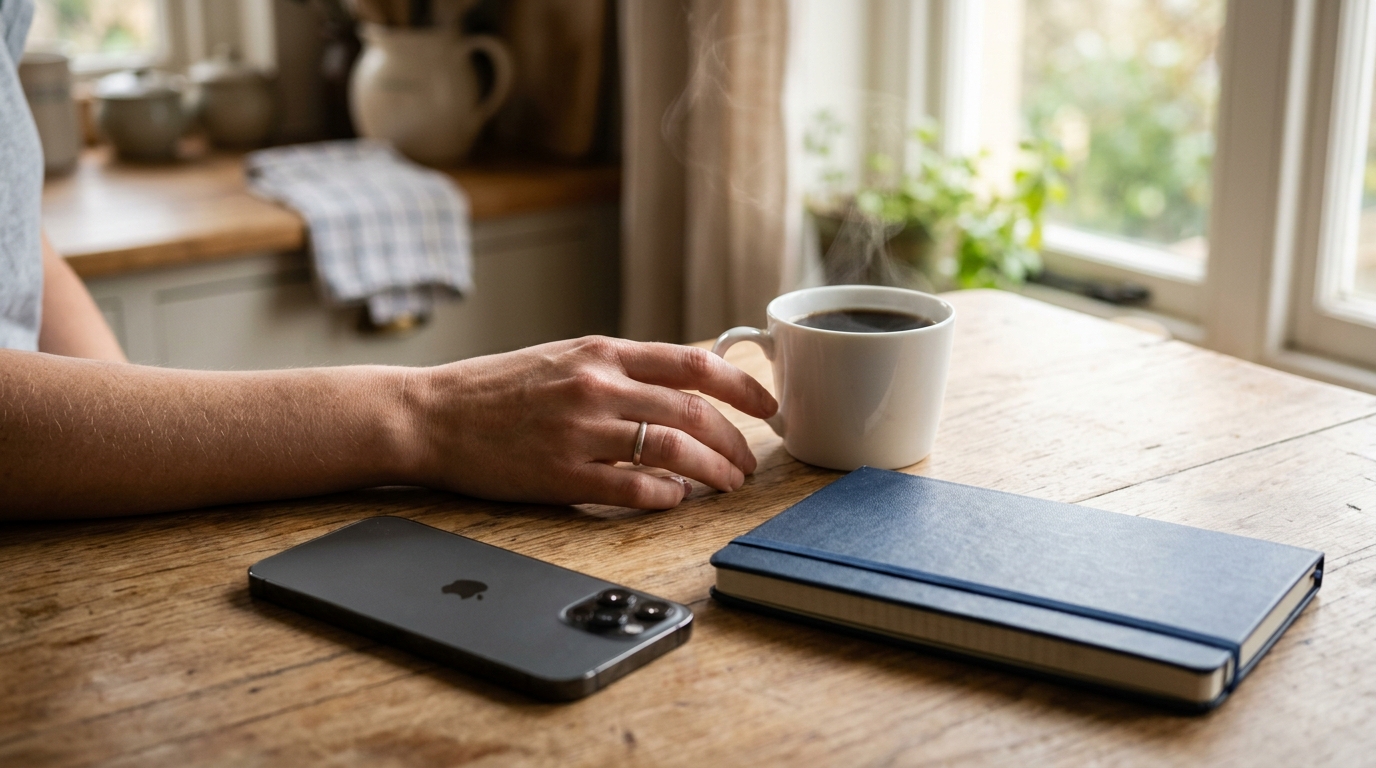 A phone lying screen down beside a coffee and a closed notebook on a kitchen table