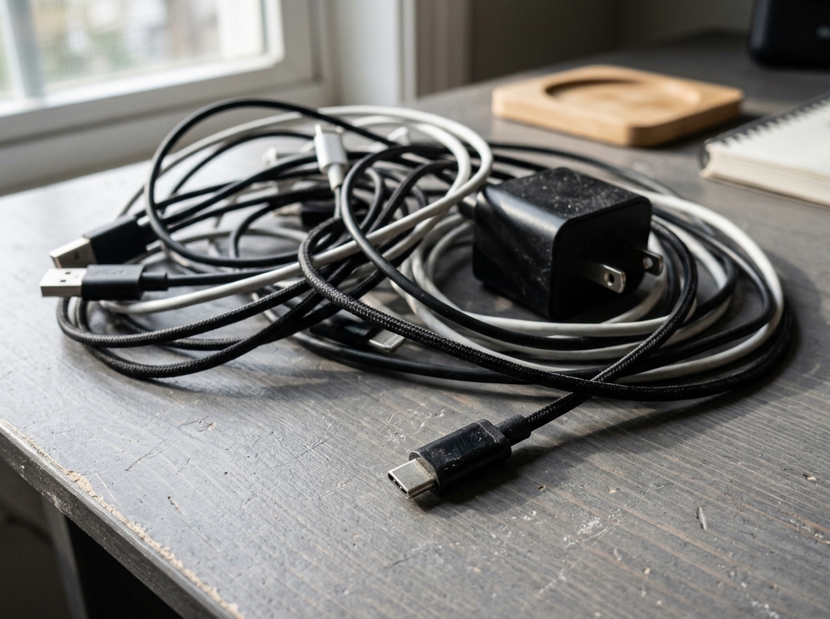Tangled charging cables and an unplugged adapter on a desk, the always-on connection problem