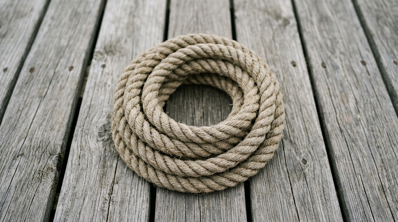 A thick natural fibre rope coiled into a closed loop on weathered wooden decking