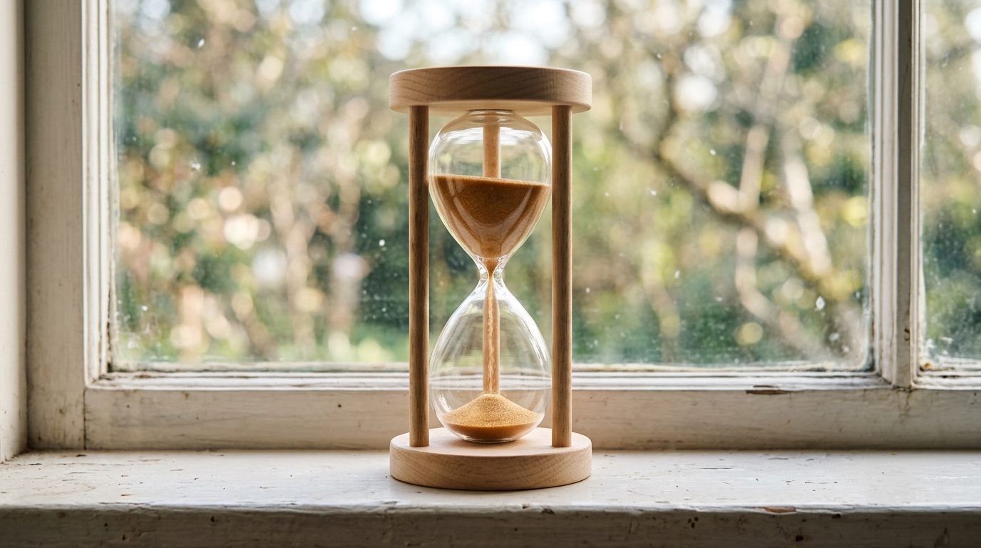 A plain glass hourglass with sand mid-fall standing on a wooden windowsill in morning light