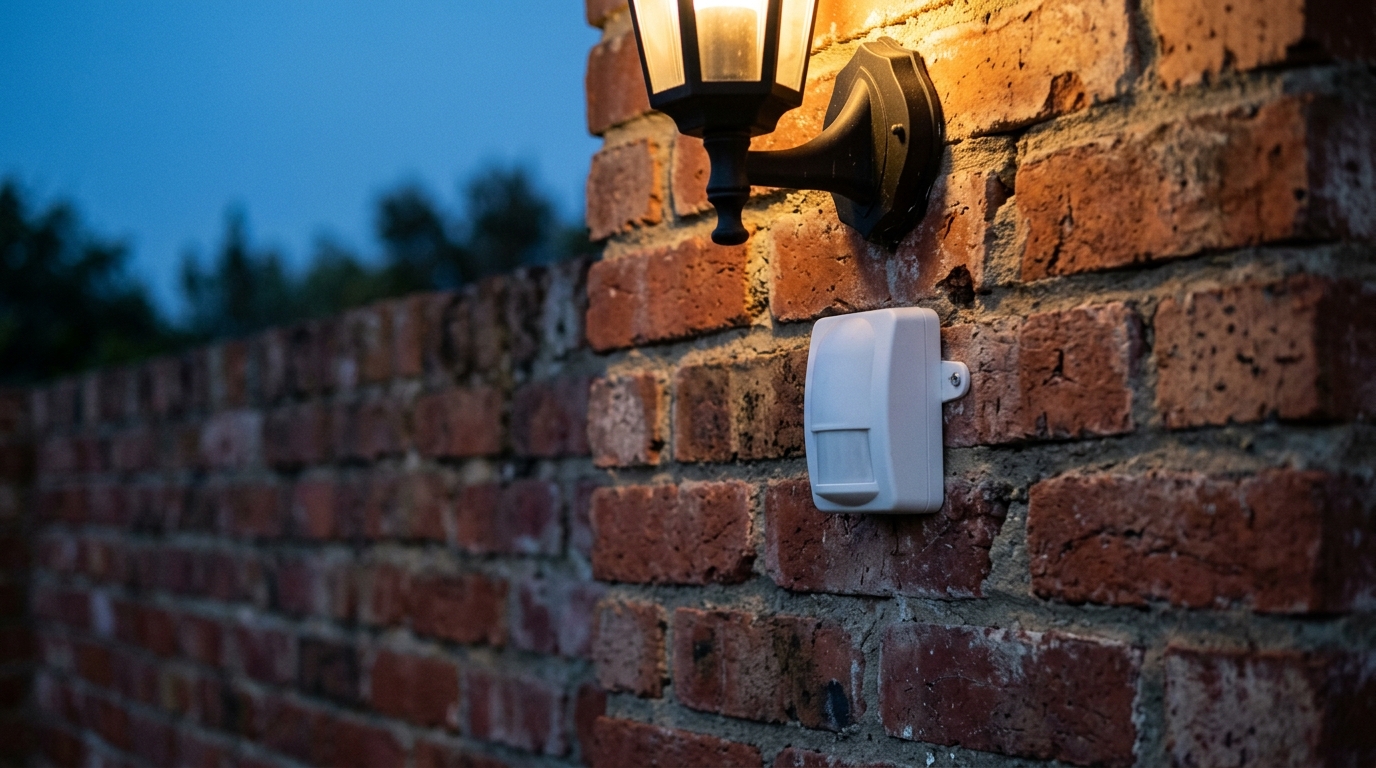 A small white motion sensor and a porch light mounted on a plain brick wall at dusk