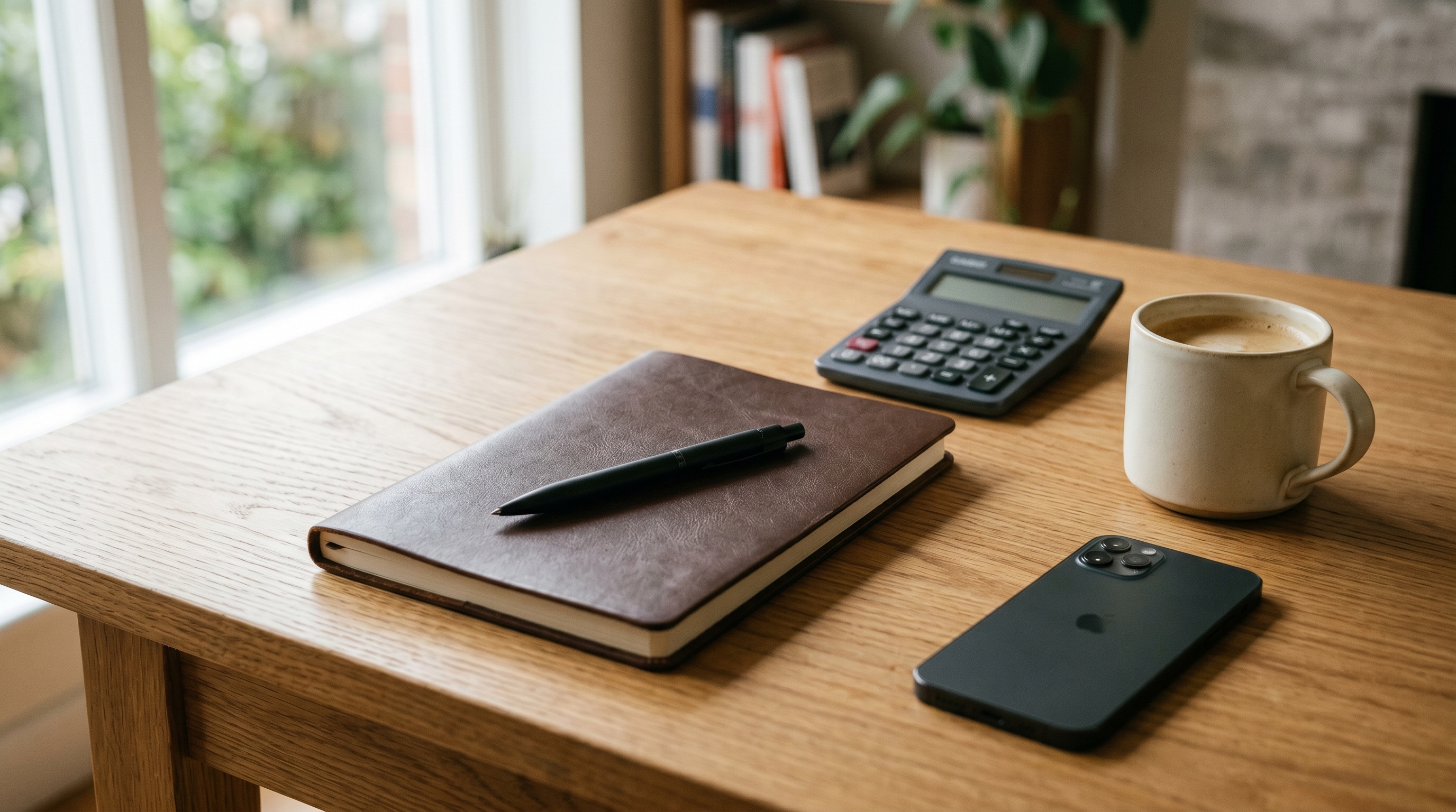 A finance-style desk scene with a notebook, calculator and coffee, neutral editorial lighting