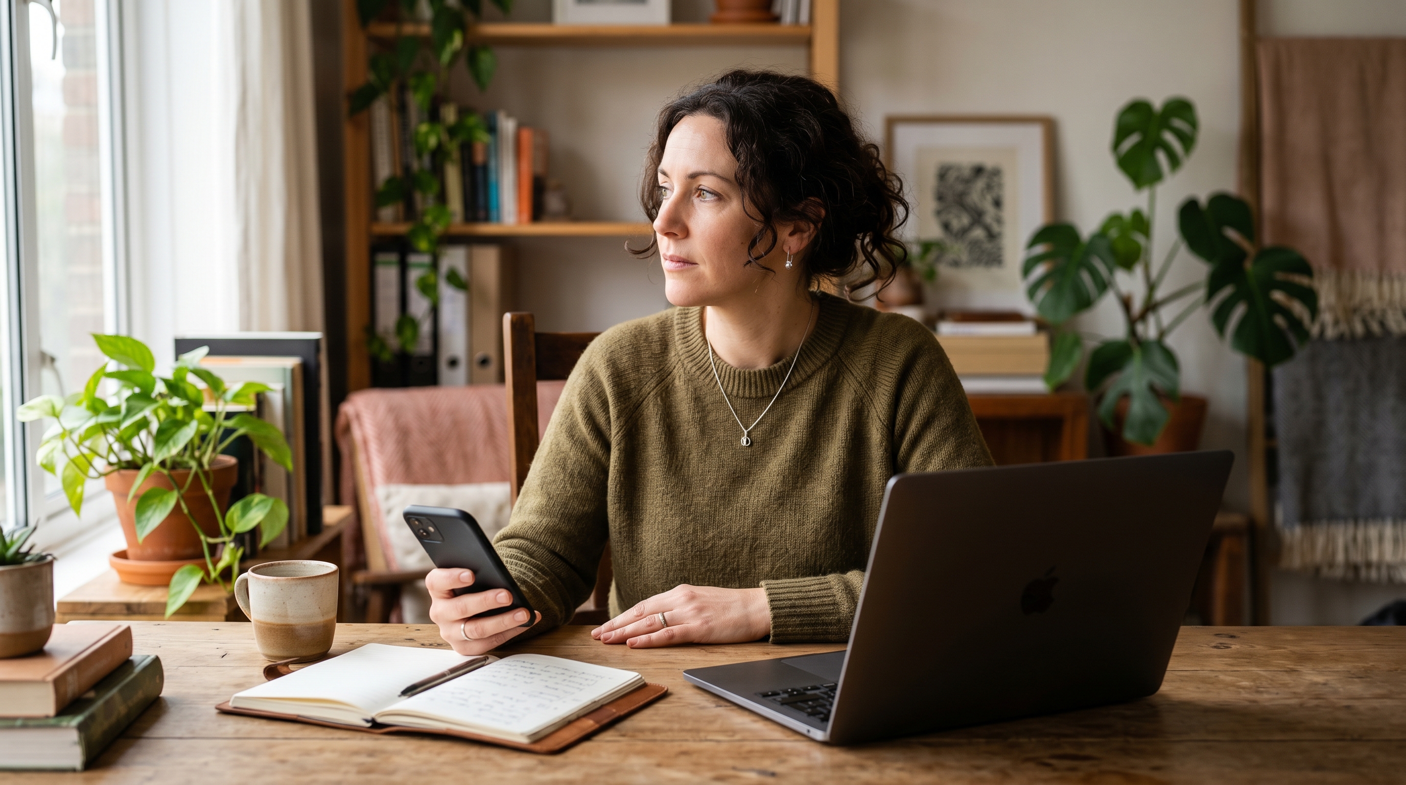 A small-business owner at a desk weighing two paths, phone and laptop side by side