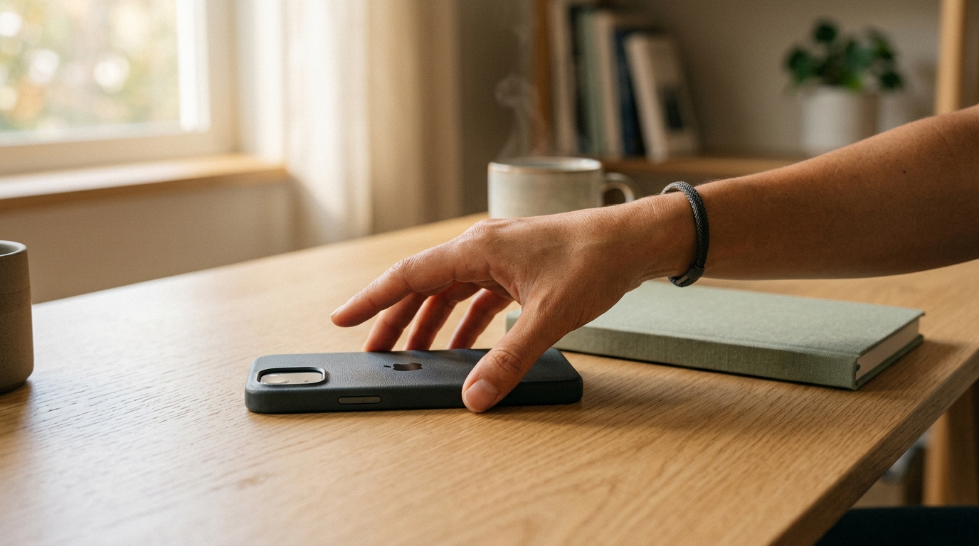 A hand reaching toward a face-down phone on a desk, poised to approve before an AI-drafted WhatsApp reply sends