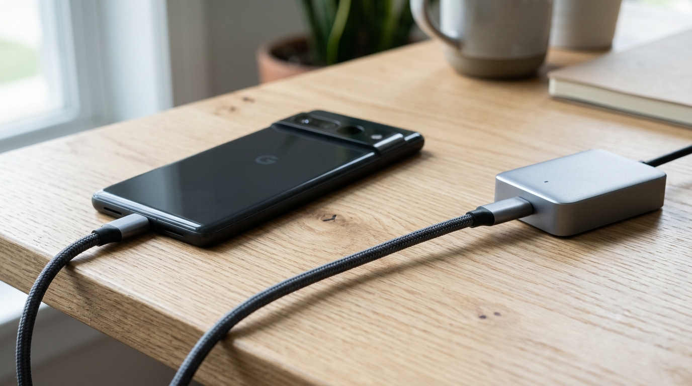 A single clean cable joining a phone to a small connector device on a desk, a metaphor for connecting Gemini to your own WhatsApp number