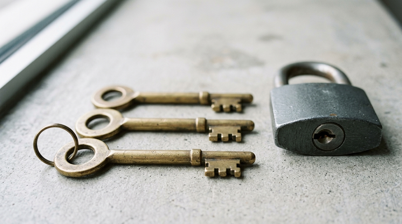 Three identical brass keys resting beside one keyhole, a metaphor for swapping Gemini, ChatGPT, or Claude into one WhatsApp connector