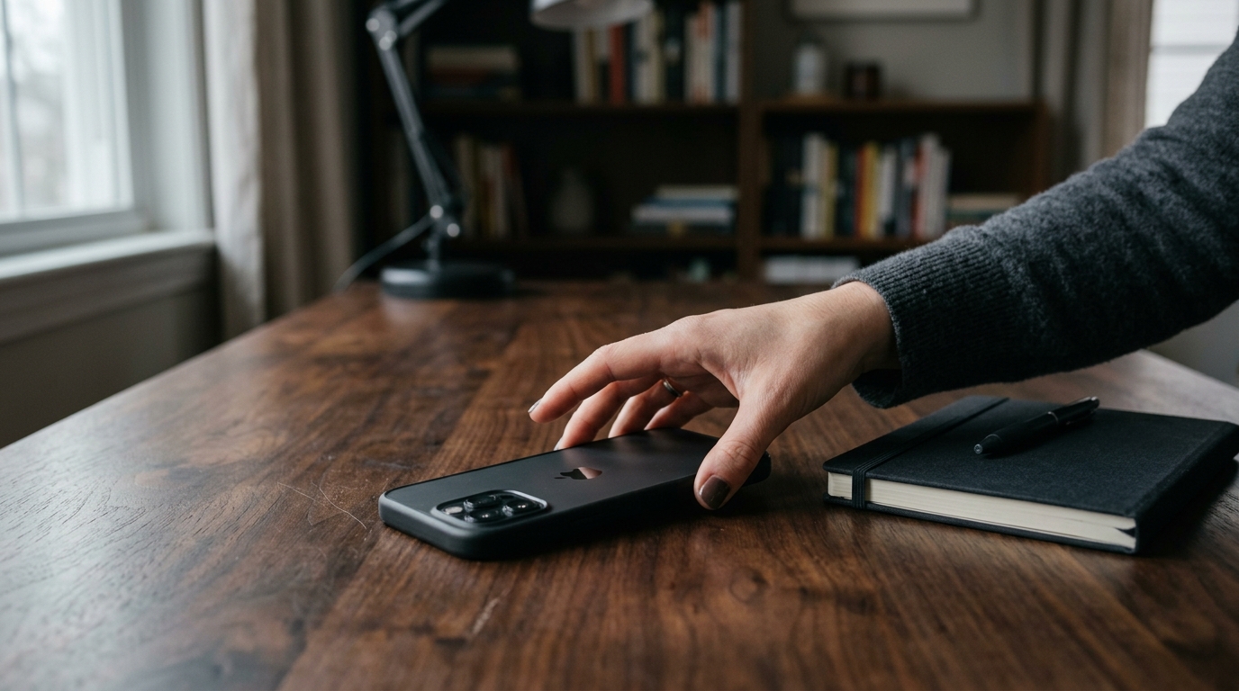 A hand reaching toward a face-down phone on a desk, poised to approve before an AI-drafted WhatsApp reply sends