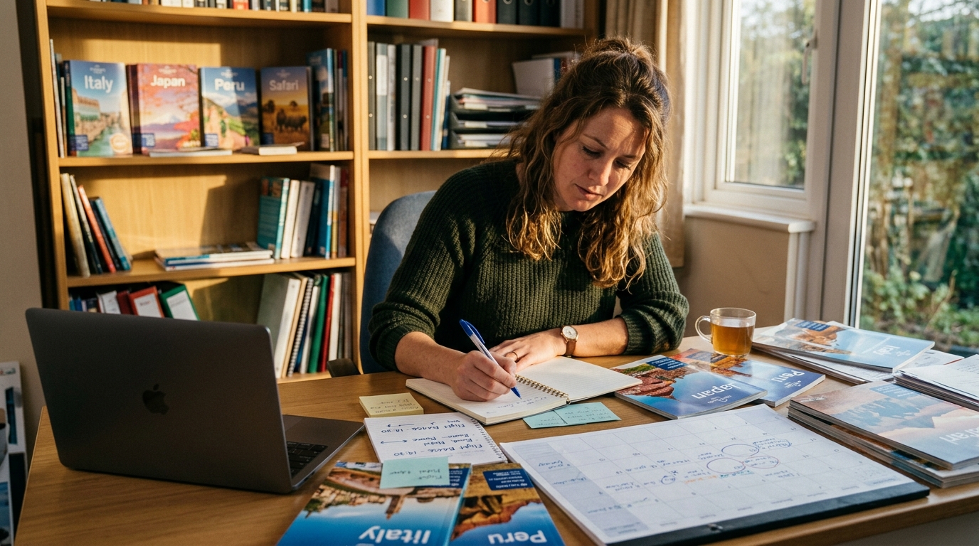 Travel agency owner reviewing booking notes at a cluttered desk in a small Tel Aviv office