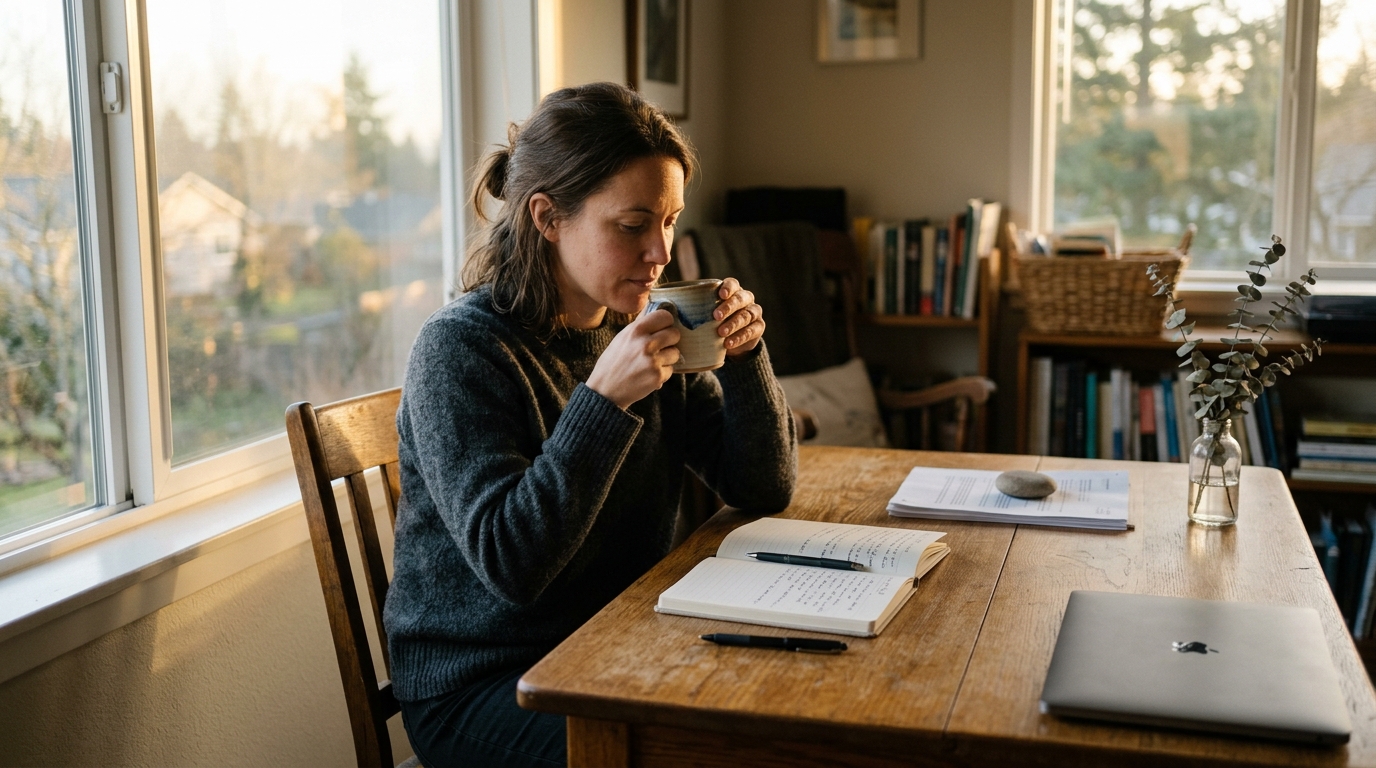 Travel agency owner at her desk early morning with a coffee cup and open notebook, starting the day