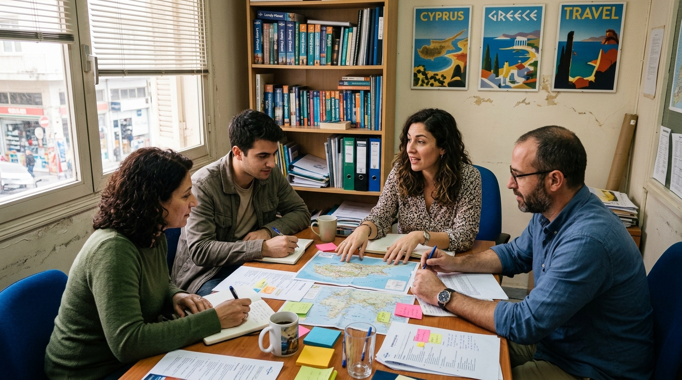 Small team of four collaborating around a table in a compact travel agency office