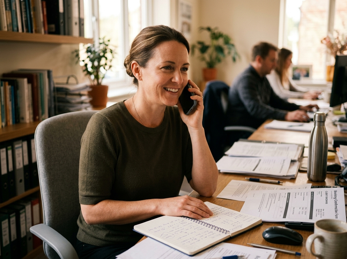 Travel agent on a phone call at their desk, looking at a paper notebook with a relaxed expression