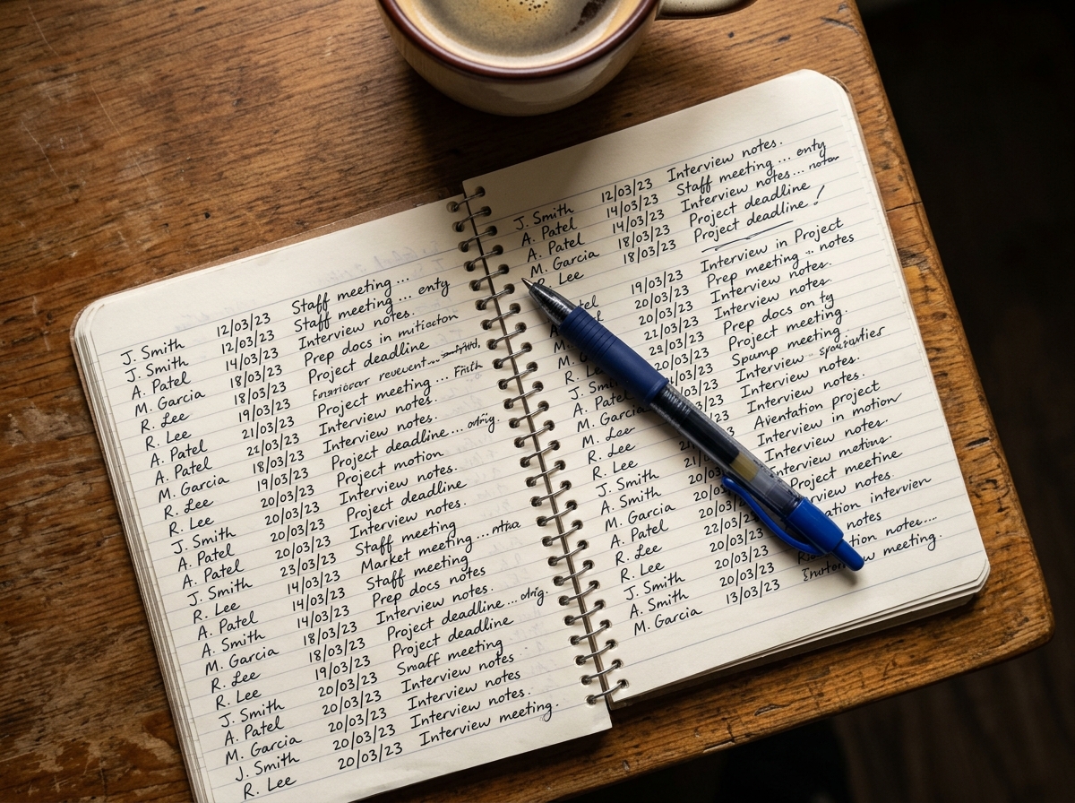Handwritten booking notebook open on a desk with columns of client names and travel dates
