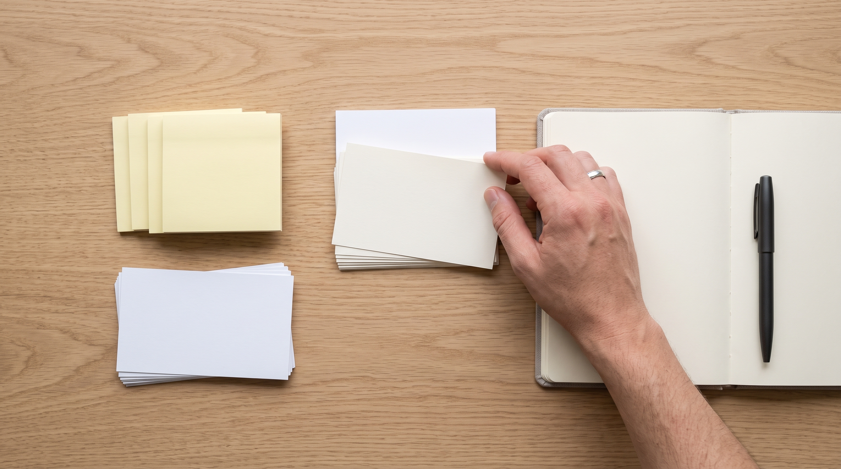 Blank index cards and sticky notes grouped into tidy clusters, representing WhatsApp broadcast list segmentation
