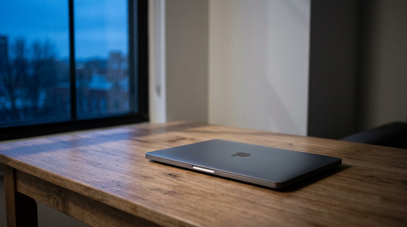 A closed laptop on an empty desk at dawn illustrating the computer-must-be-on catch