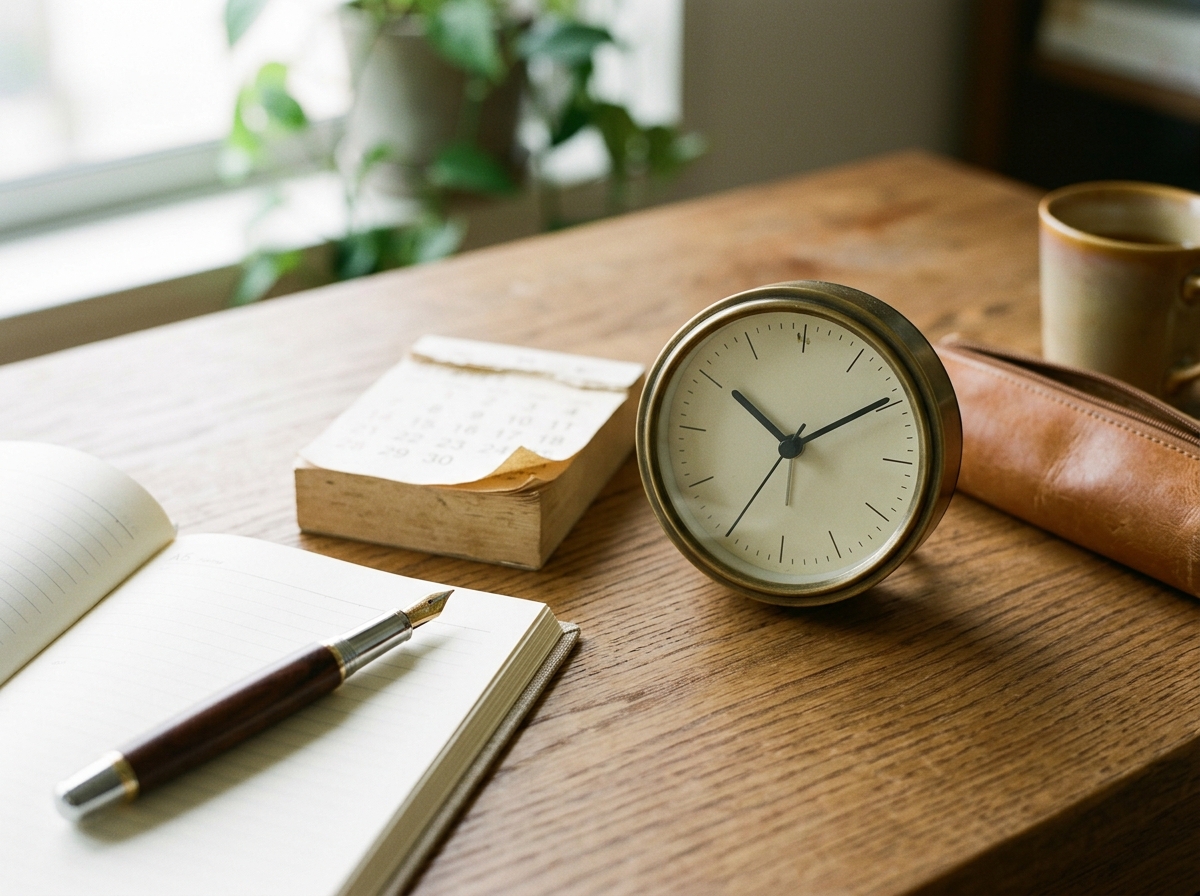 A paper desk calendar and an analog clock representing WhatsApp send-later timing