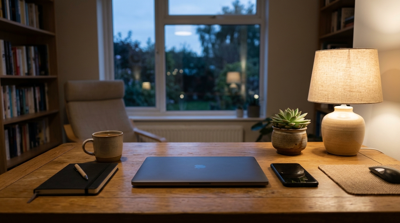 A relaxed workspace with a closed laptop and an off phone, conveying an agent that will not act without your approval on WhatsApp