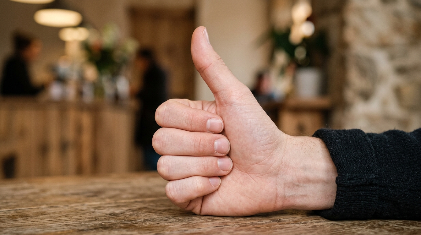 A person's hand poised to give a thumbs-up, capturing the yes-or-no decision moment in a human-in-the-loop approval