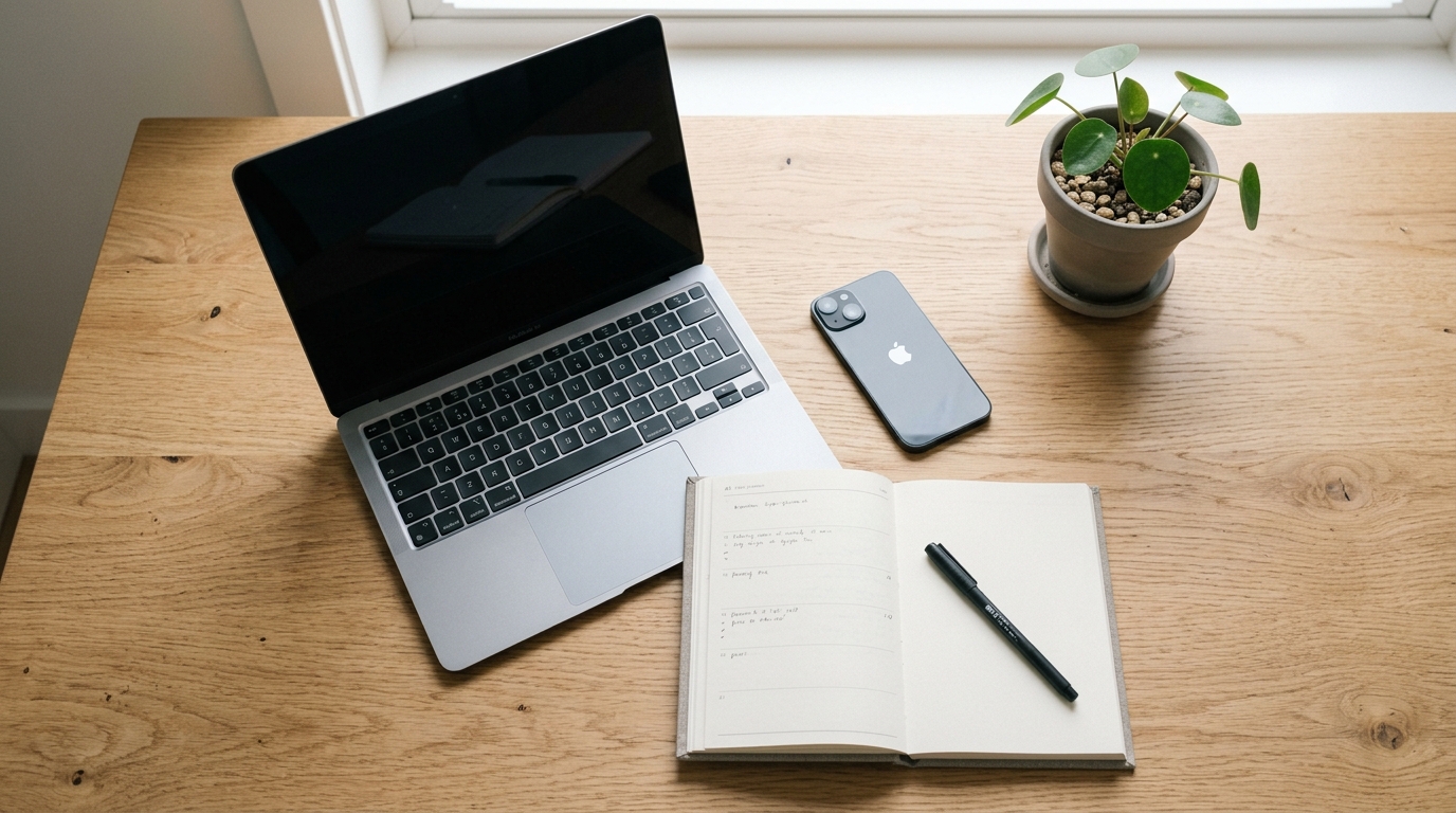 Open laptop and smartphone on a tidy desk representing scheduling WhatsApp from your own number