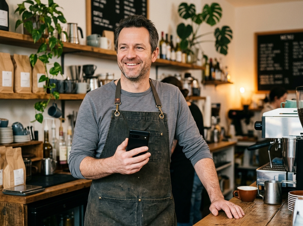 Small cafe owner using a phone behind the counter