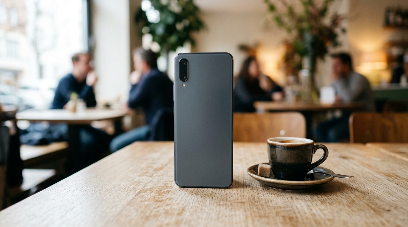 Android phone on a cafe table next to a coffee cup, screen facing away from camera