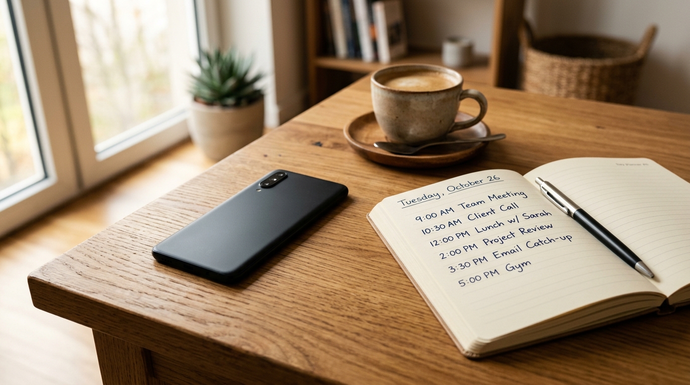 Smartphone resting face-down on a wooden desk beside a paper planner showing scheduled times