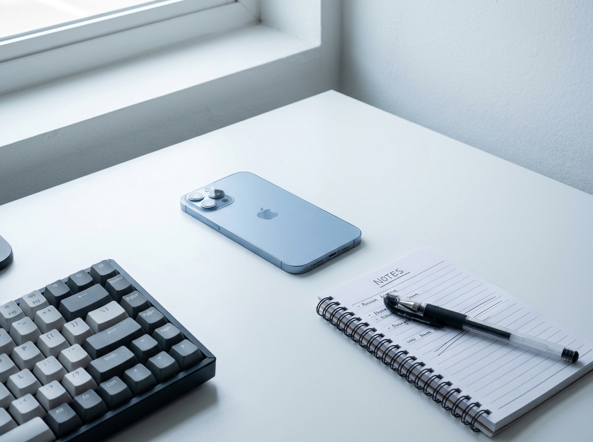 iPhone placed face down on a home office desk beside a keyboard and notepad