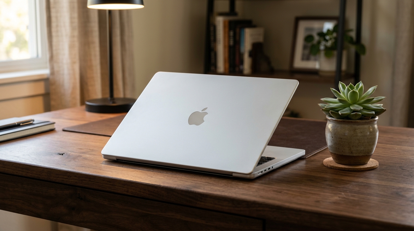 Laptop with closed lid at a side angle on a desk, representing browser-based scheduling setup