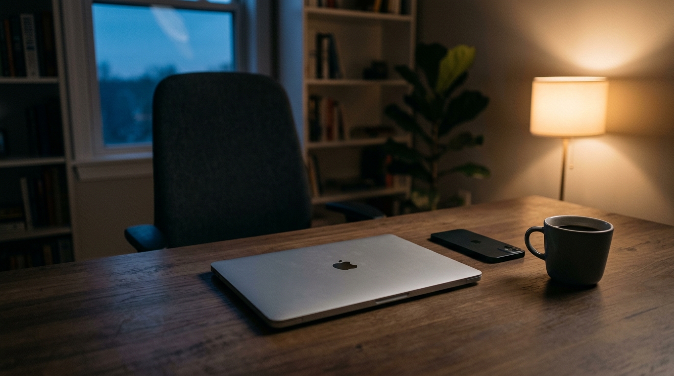 A closed laptop on an empty desk illustrating a missed whatsapp web scheduled message