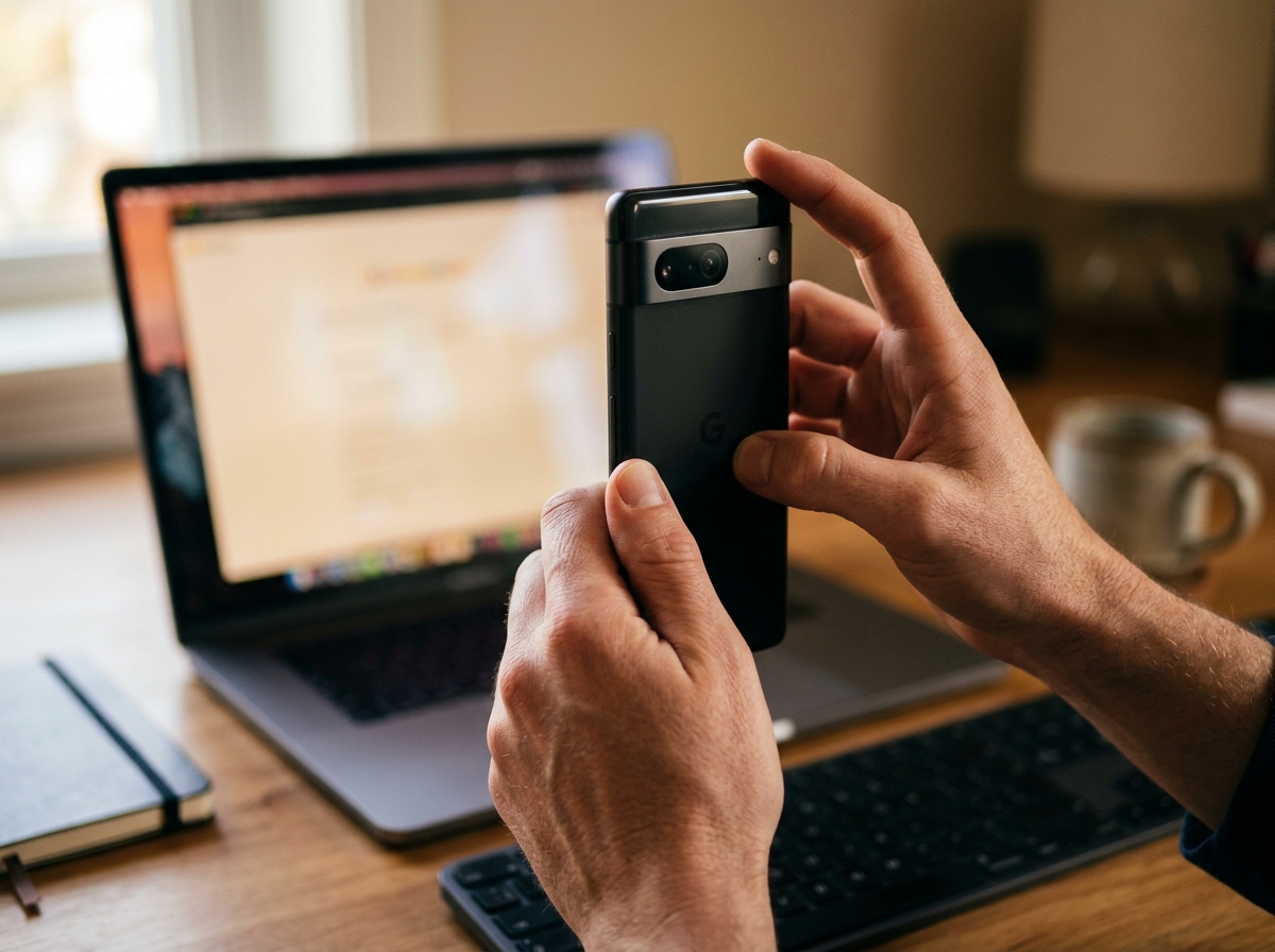 Hands holding a phone toward a laptop screen to link a whatsapp web session by QR