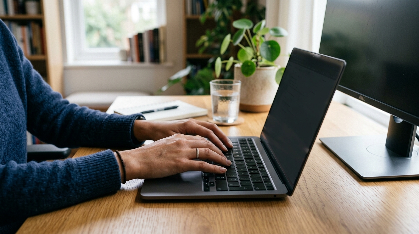 Person at a laptop installing a browser extension to schedule whatsapp web messages