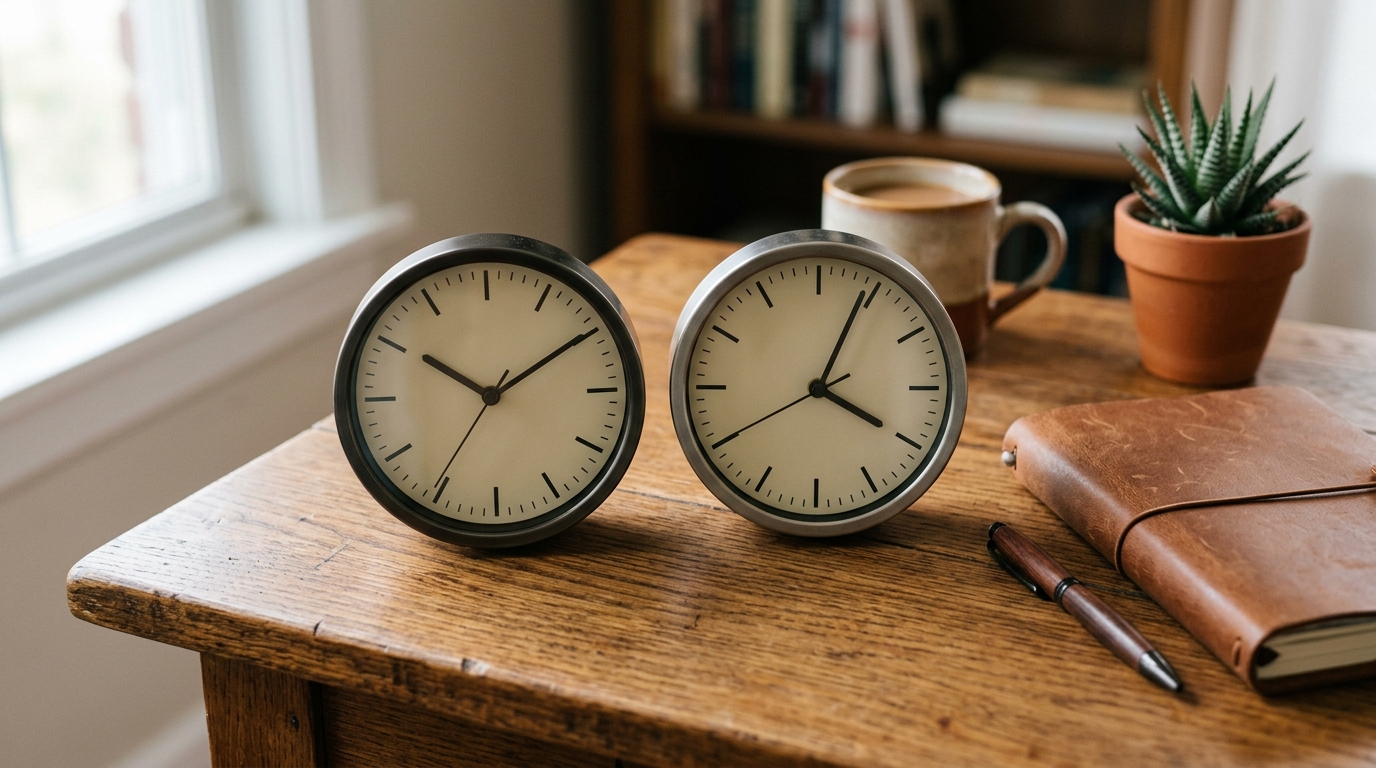 Two analog clocks showing different times on a desk, a timezone motif for scheduling WhatsApp sends across regions