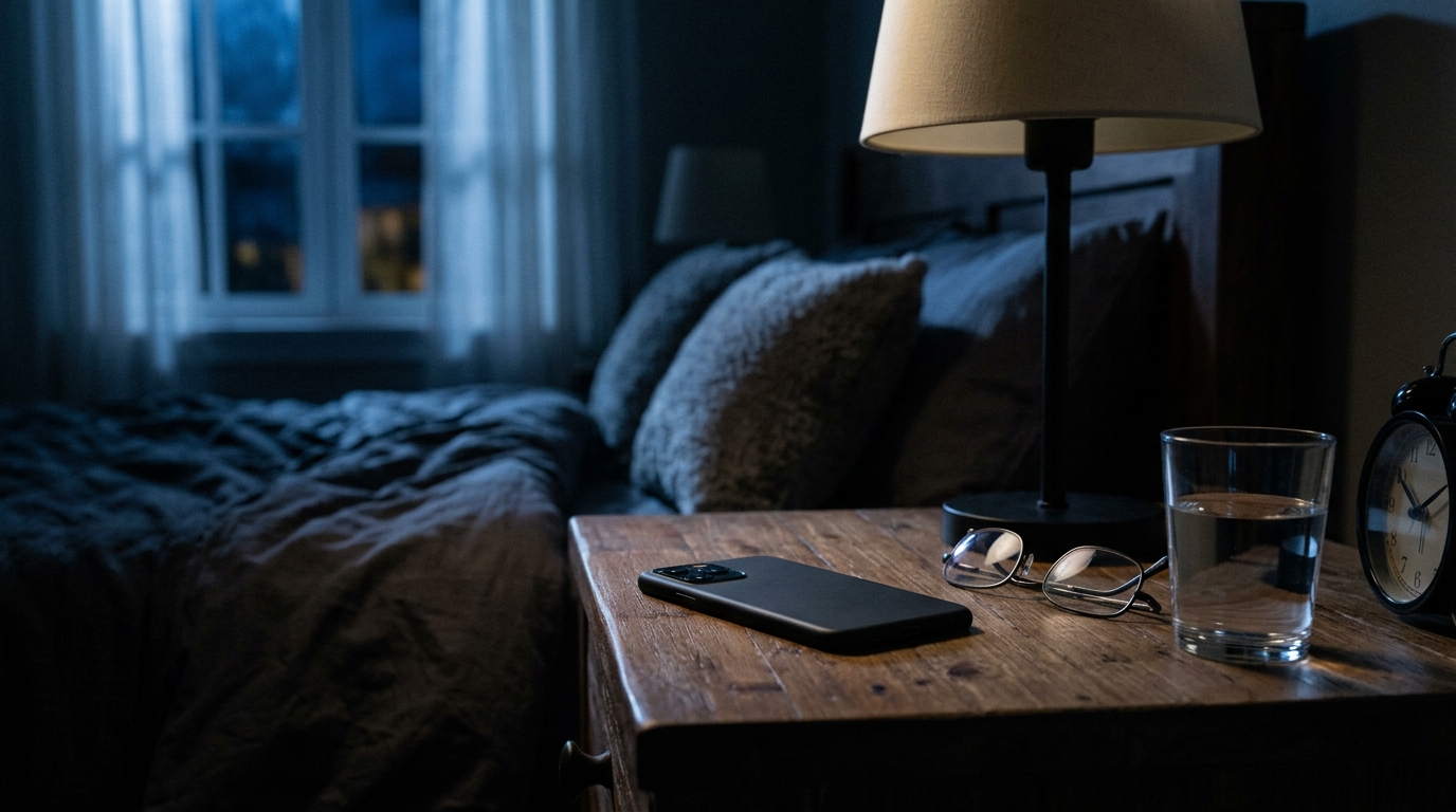 A powered-down smartphone resting face-down on a nightstand overnight while linked devices keep a session alive